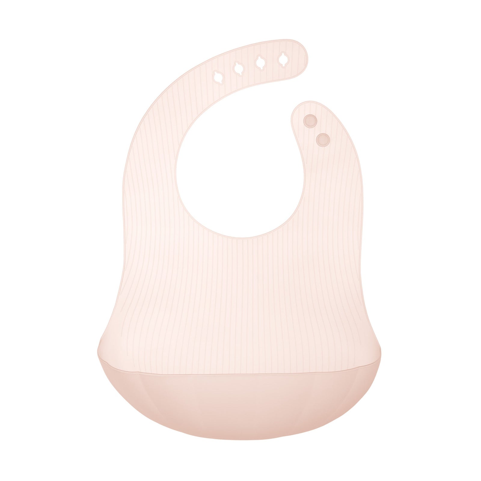 Baby wearing a coral Olababy silicone bib with food catching pocket