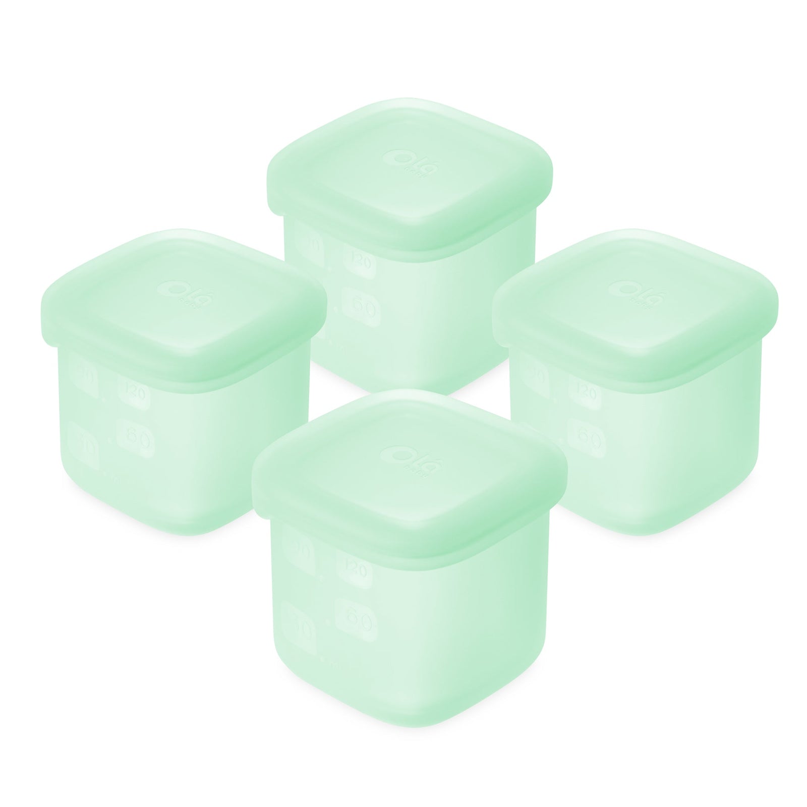 Set of four mint Olababy food storage containers packed with daycare meals and snacks