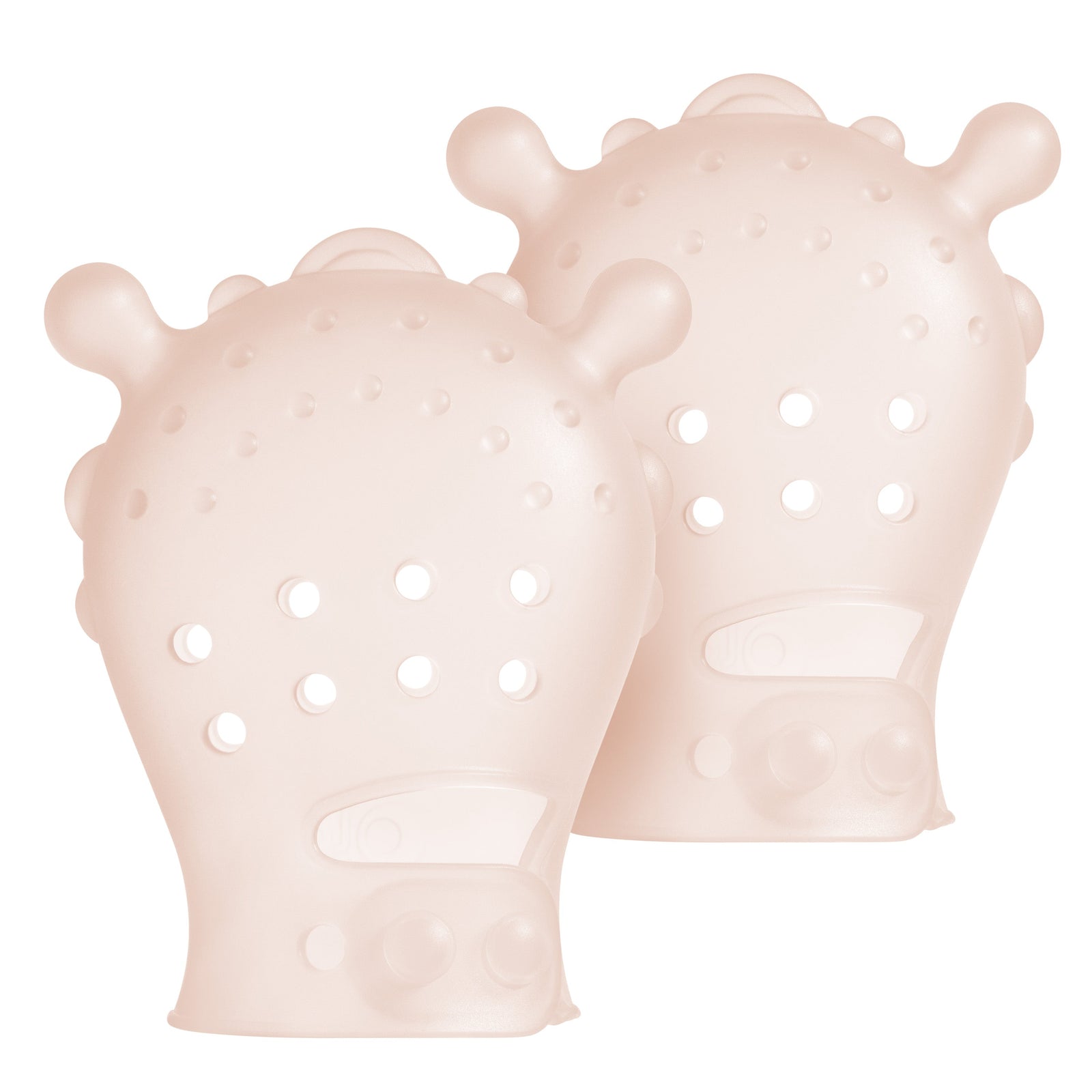 Coral Olababy silicone mouthing mittens designed to soothe a teething baby's gums
