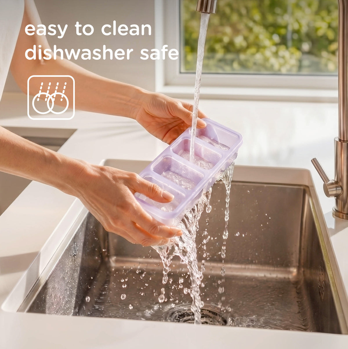 A person rinses a small translucent purple compartment organizer under running water in a stainless steel kitchen sink. Text on the image reads 'easy to clean dishwasher safe' with a dishwasher-safe icon.