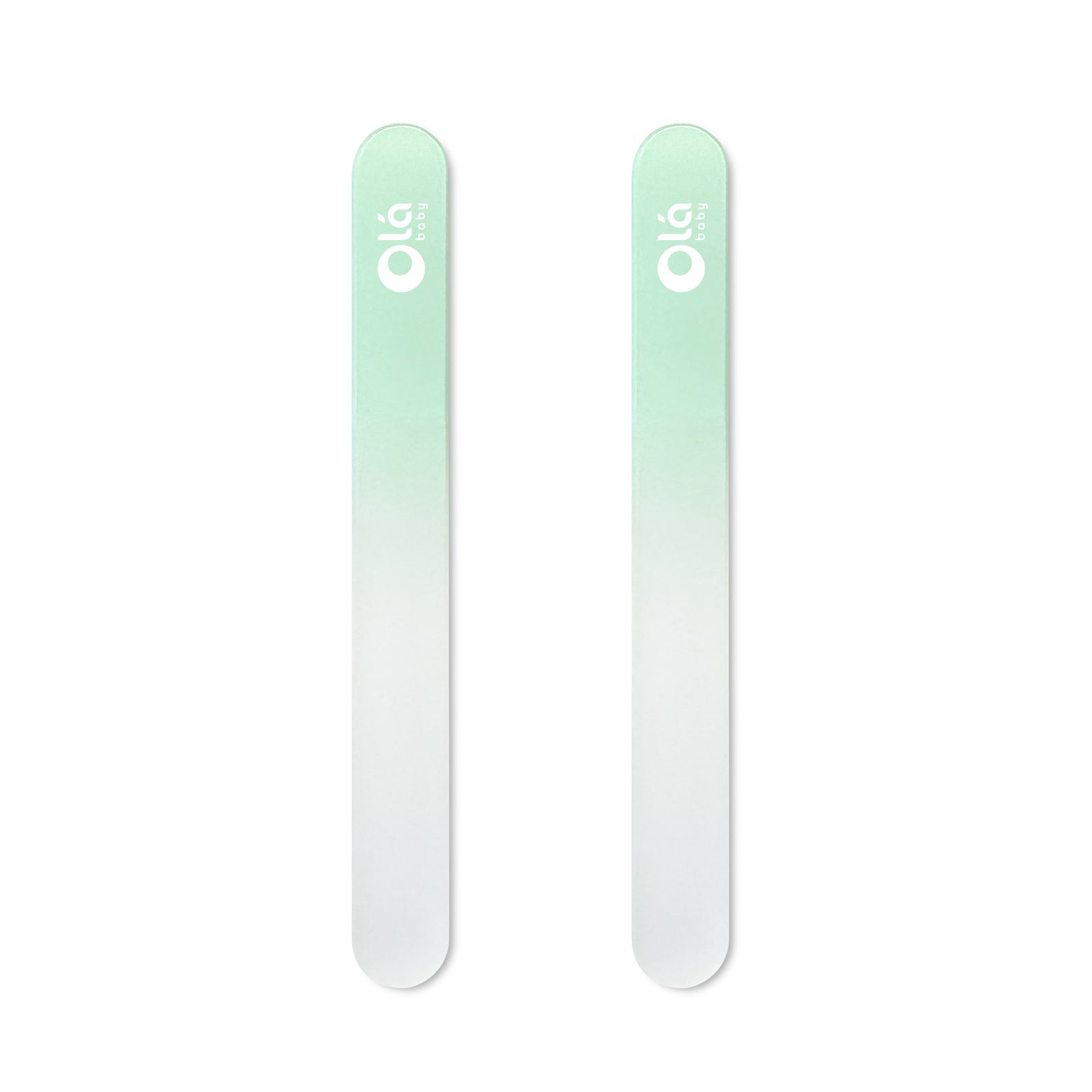 Olababy premium mint green baby glass nail file 2-pack for newborns and infants on a white background.