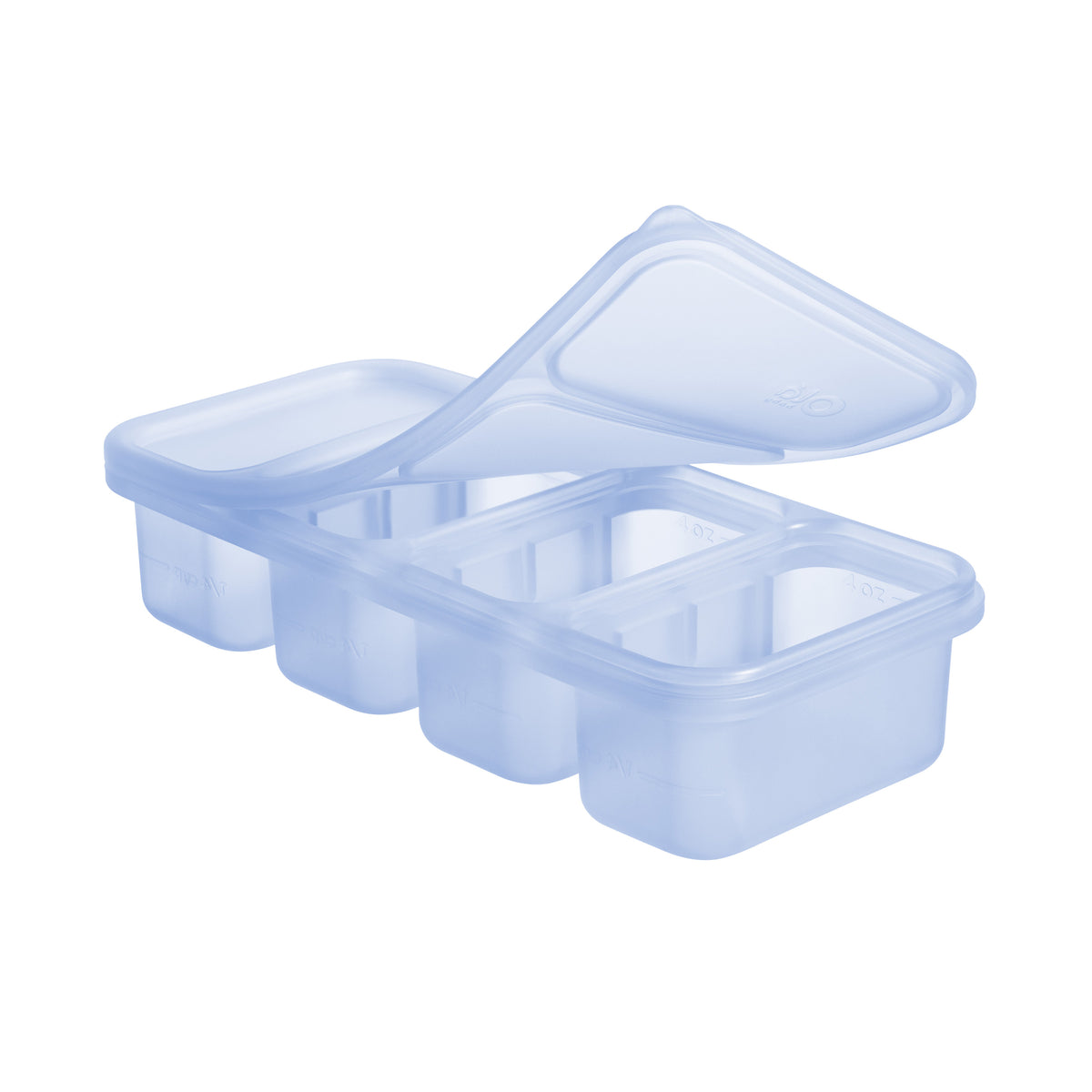 Olababy 1/2 cup blue silicone baby food freezer tray with an airtight clear lid showing 4 portioned compartments.