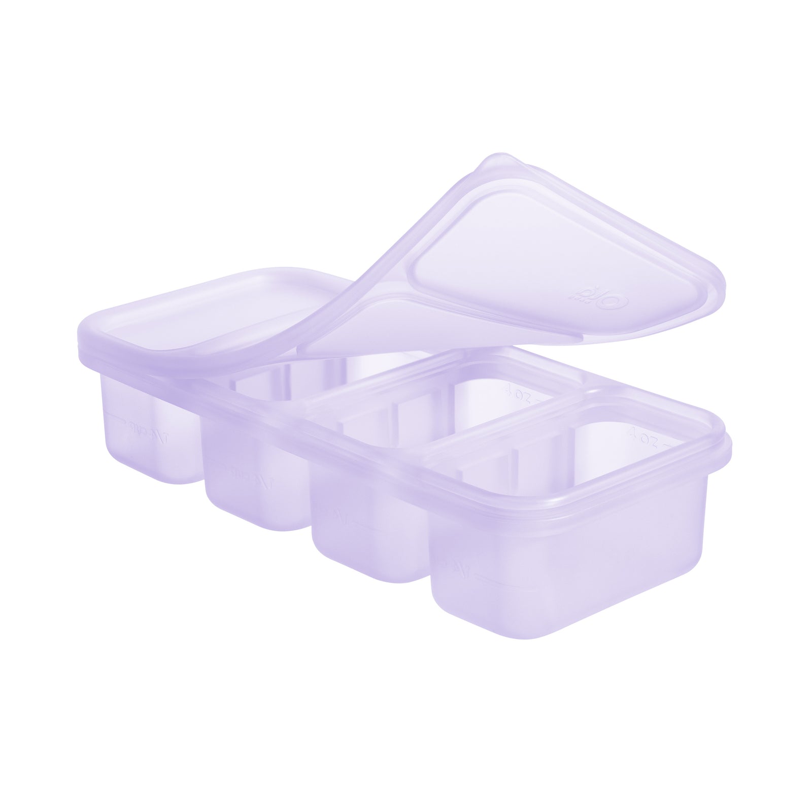 Olababy 1/2 cup blue silicone baby food freezer tray with an airtight clear lid showing 4 portioned compartments.