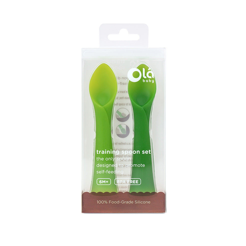 Flexible leafy tip silicone baby spoon with wide ergonomic handle and built in choke guard design
